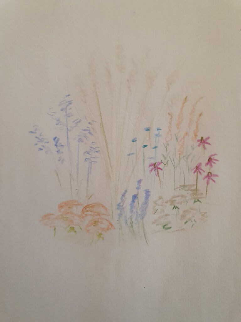 Trädgårdsdesignskiss av blommor.